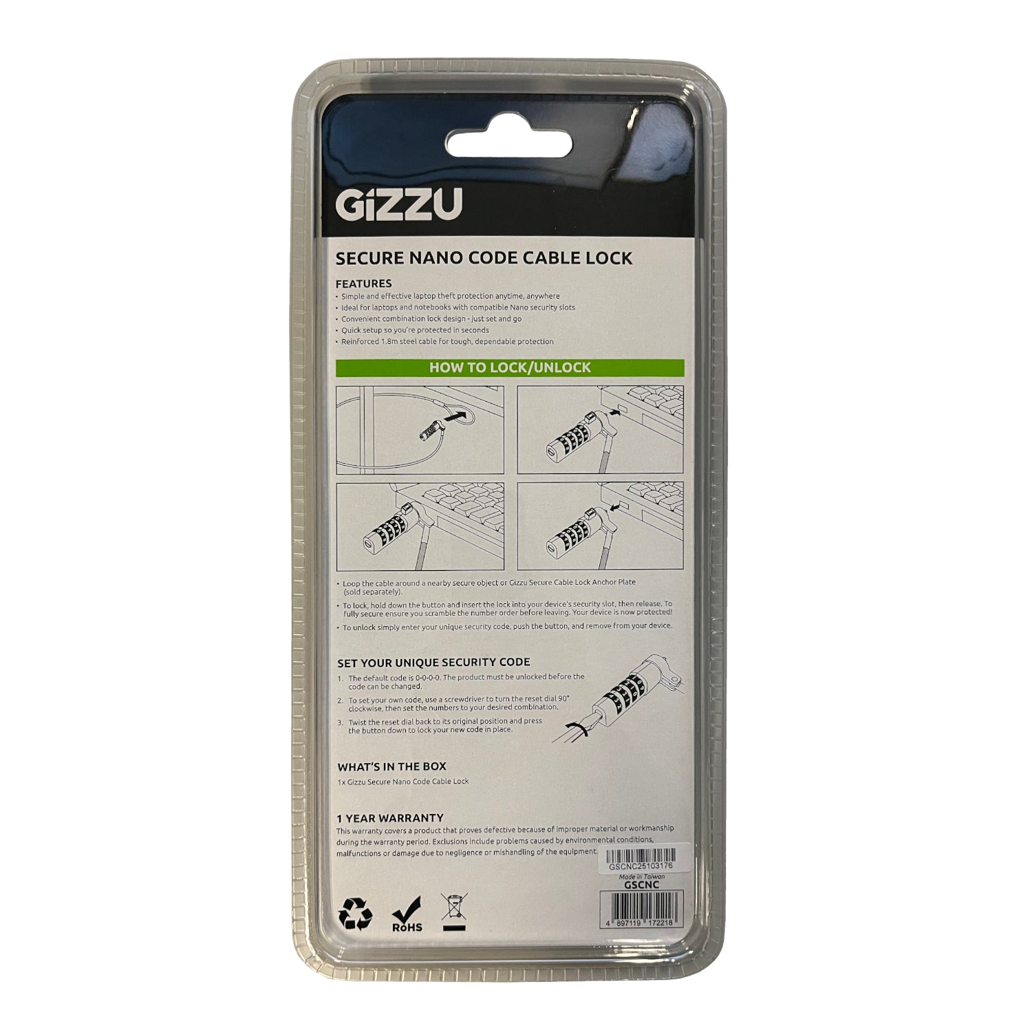GIZZU 1.8m Nano Combination Lock Security Cable – image 3