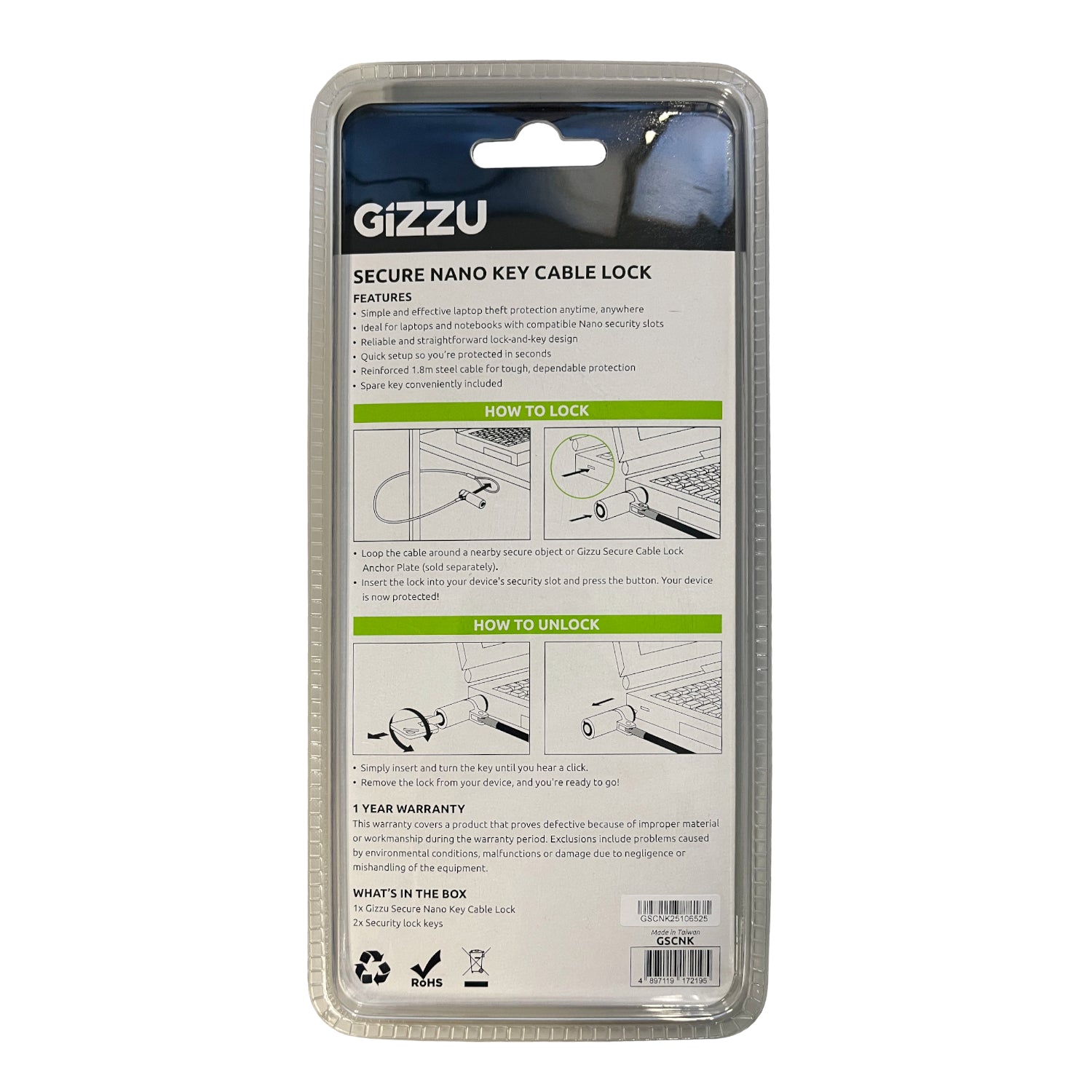 GIZZU 1.8m Nano Key Lock Security Cable with Key – image 3