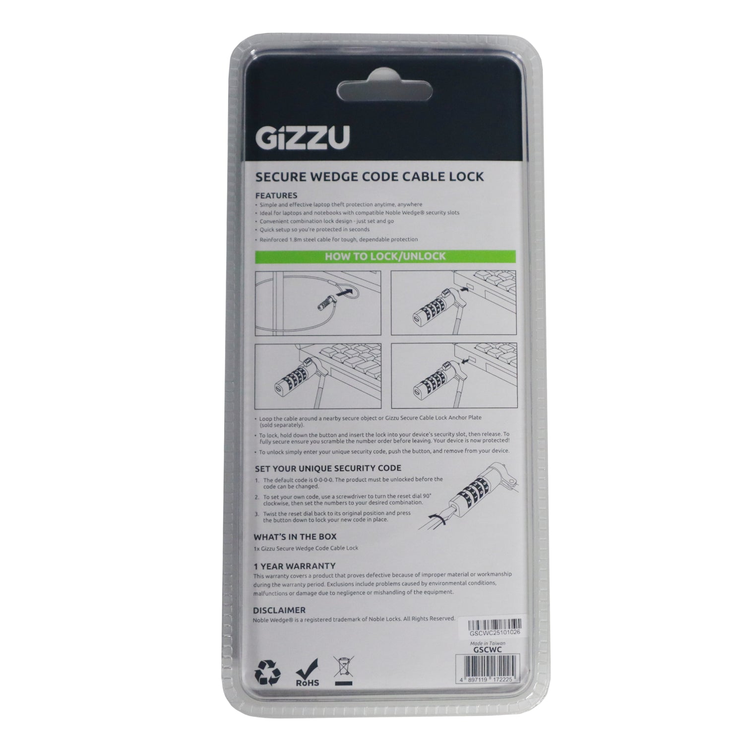 Gizzu Secure Wedge Code Cable Lock 1.8m – image 3