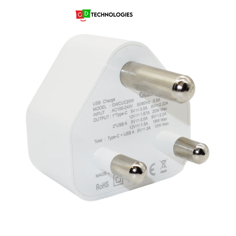 GIZZU Wall Charger Type C 20W|USB SA 3 Prong – White