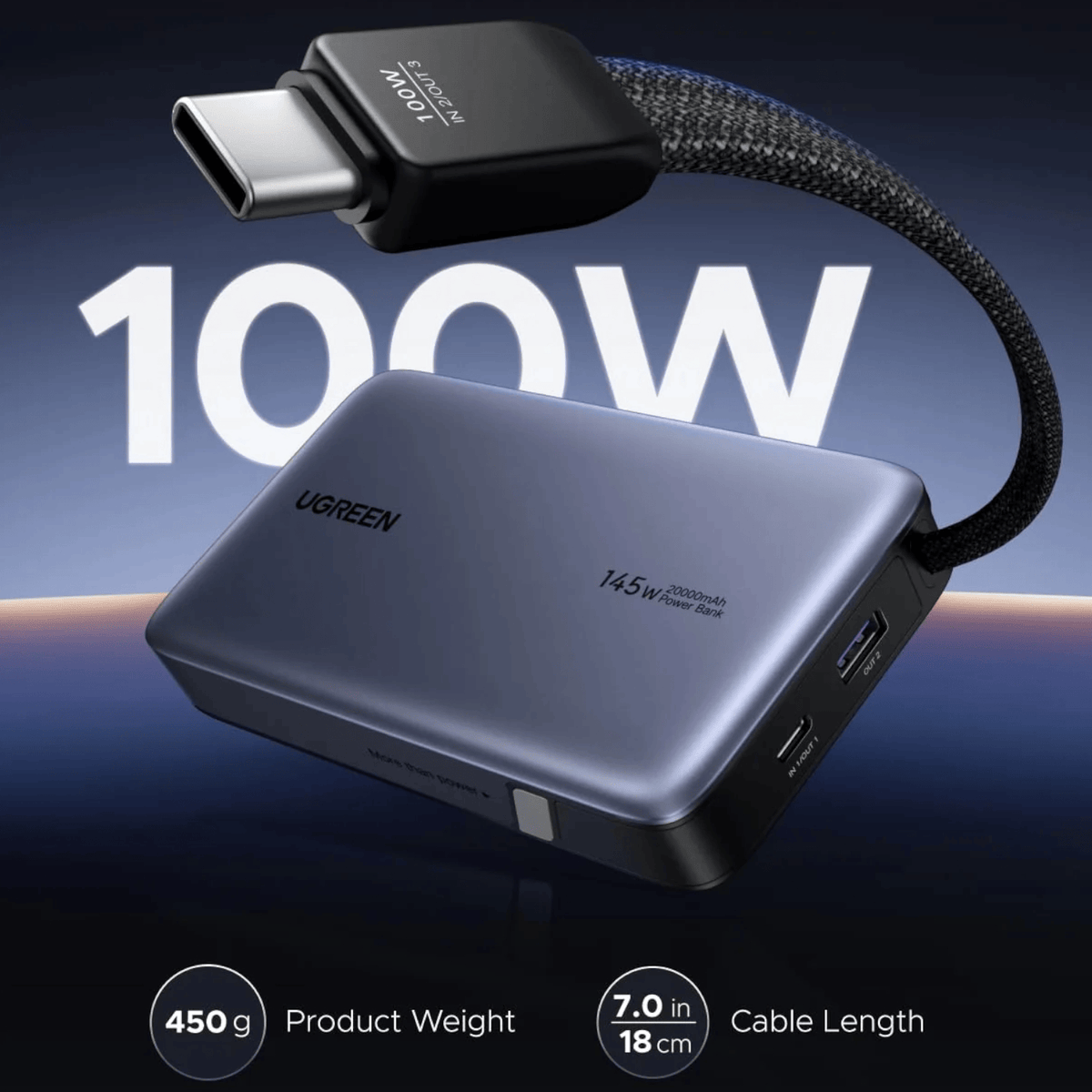 UGREEN Nexode 145W 20000mAh  Power Bank with built-in USB Type-C Cable – image 3