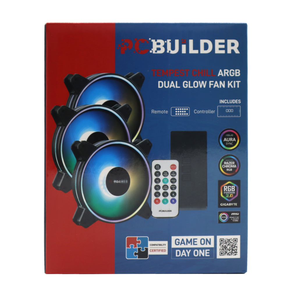 PCBuilder Tempest Chill Fan Kit 3x120MM Dual Glow ARGB Fan + Controller + RF Remote – image 2