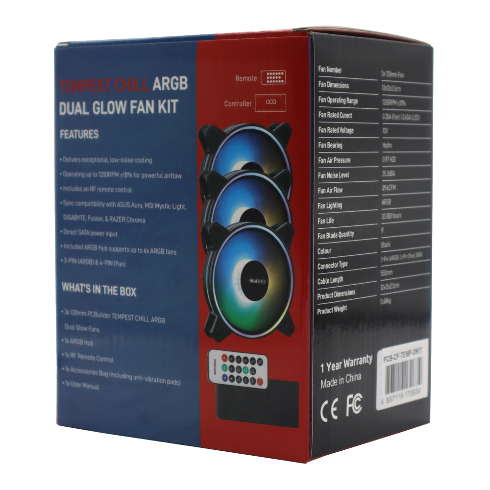 PCBuilder Tempest Chill Fan Kit 3x120MM Dual Glow ARGB Fan + Controller + RF Remote – image 4