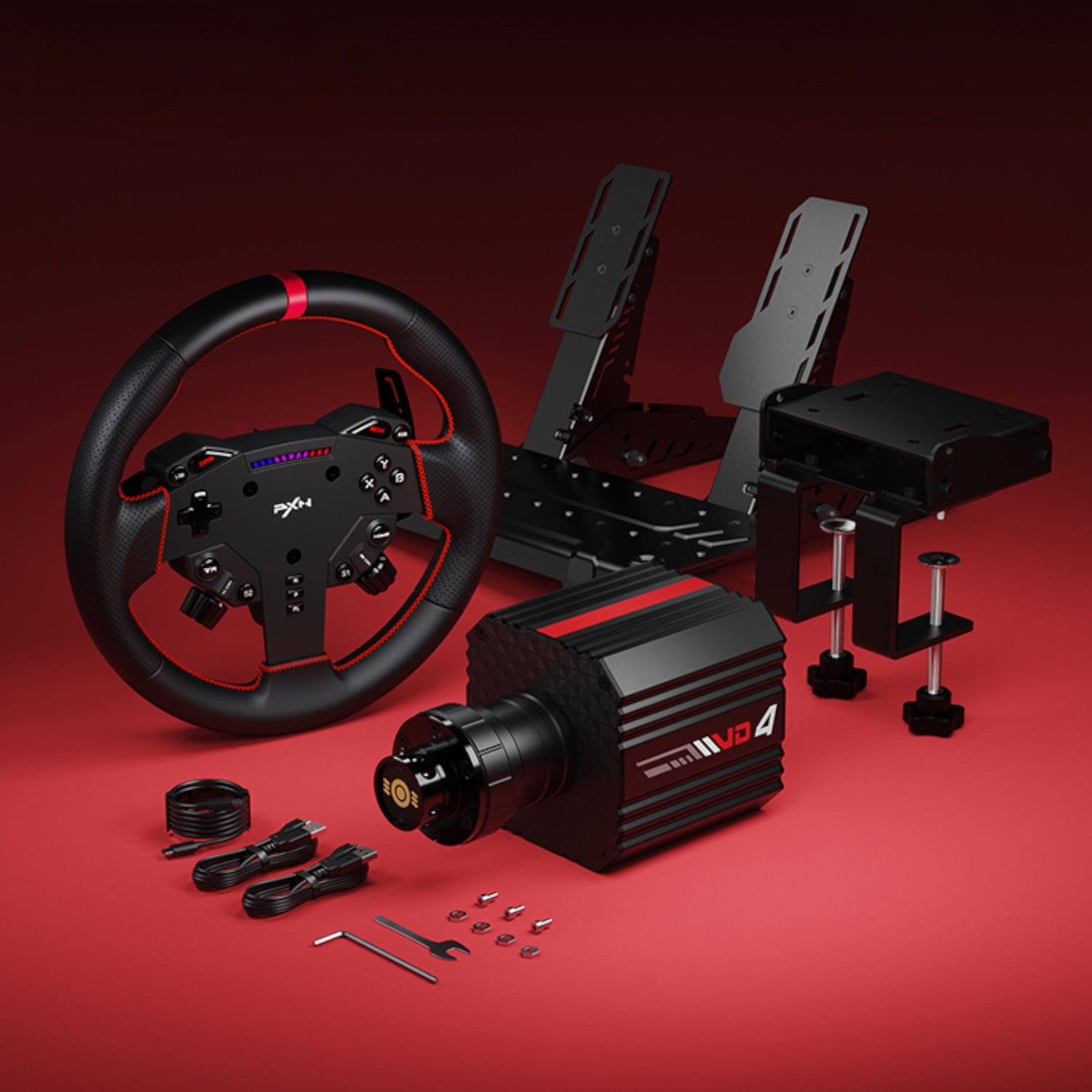 PXN VD4 Direct Drive Sim Racing Wheel – PD-HM Dual Pedal – Z8 Clamp Bundle – image 7