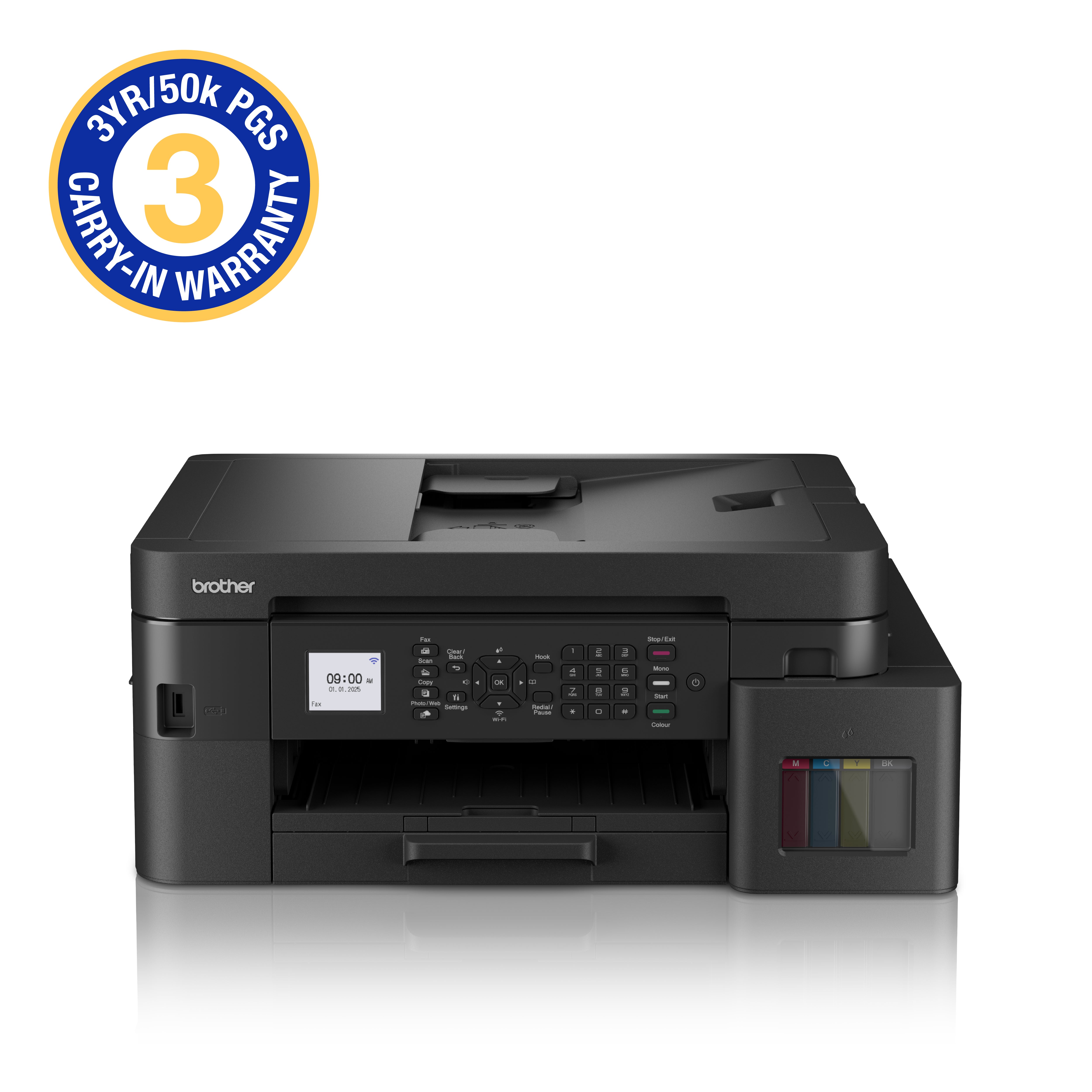 Brother Colour Ink Tank A4 4-IN-1 Print Copy Scan Fax/ USB/ Wired Wireless/ WiFi Direct/ Duplex Print only (3 YR / 50 000 Page Carry In Warranty)
