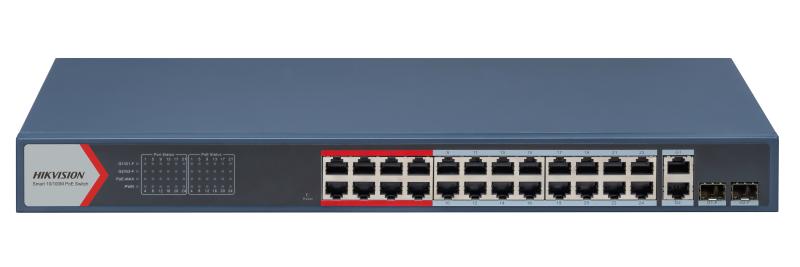 Hikvision L2  Smart Managed Switch  24 10/100M RJ45 PoE ports  2 Gigabit combo ports  802.3af/at  PoE power budget 370W  Max. 300 meter long distance PoE transmission
