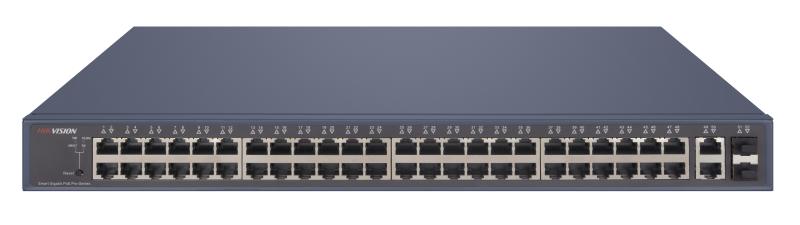 Hikvision L2  Smart Managed  48 Gigabit PoE ports  2 Gigabit RJ45  2 Gigabit SFP uplink ports  802.3af/at  PoE power budget 470W  max.