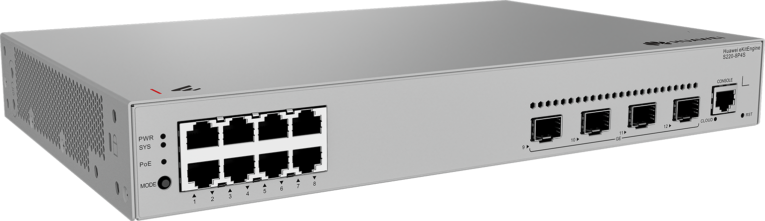 S220-8P4S 8*10/100/1000BASE-T ports(125W PoE+) 4*GE SFP ports built-in AC power