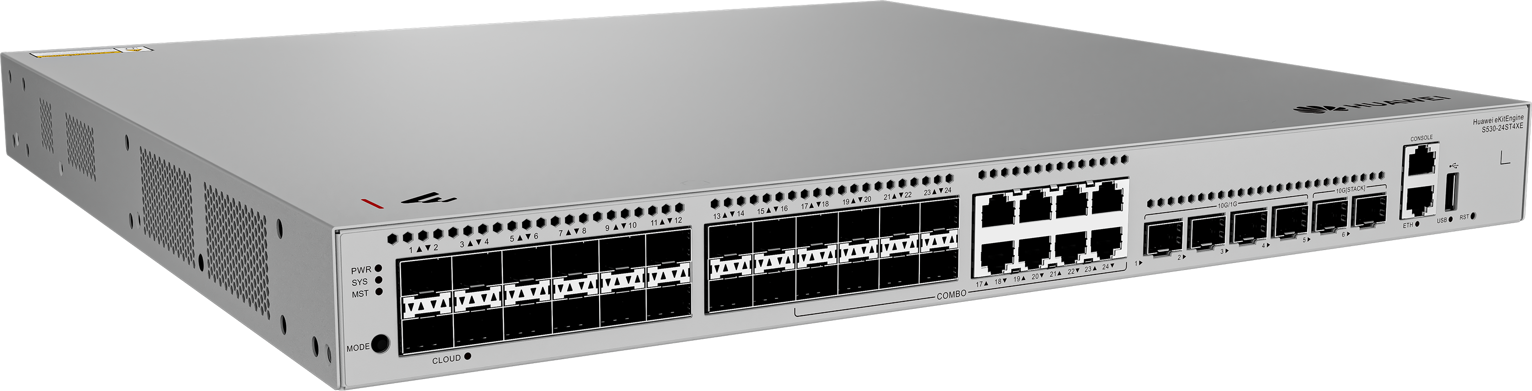 S530-24ST4XE 24*GE SFP ports 8 of which are dual-purpose 10/100/1000 or SFP 4*10GE SFP+ ports 2*12GE stack ports