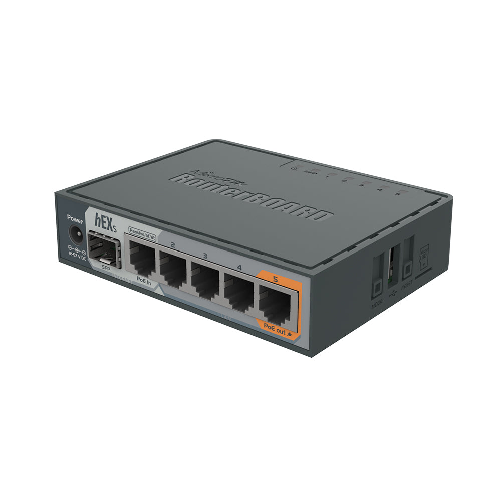 Mikrotik hEX S (2025 version) with Dual Core 950MHz CPU, 512MB RAM, 2.5G SFP cage, 5 x Gigabit Eth ports, USB, RouterOS v7 L4, plastic case, PSU