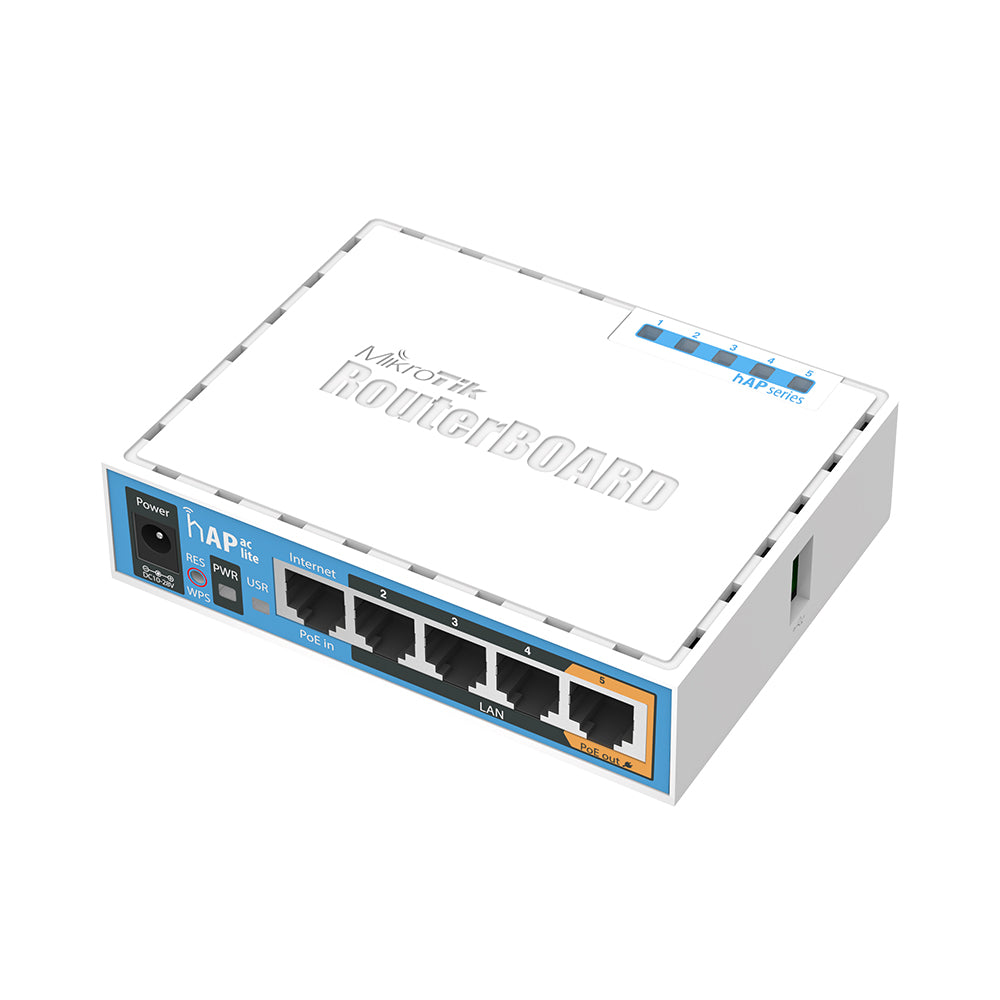 MikroTik hAP AC lite, 5x LAN, built-in 2.4GHz 802.11b/g/n two chain wireless with integrated antennas, built-in 5GHz 802.11AC single chain wireless with integrated antenna, USB, desktop case, PSU