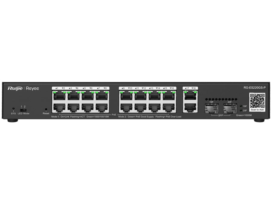 Reyee 18 Port Gigabit with 16 PoE 250W 2SFP Smart Managed Switch | RG-ES220GS-P