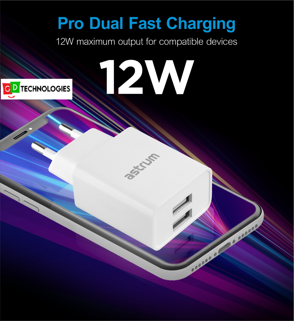 12W Dual USB Travel Wall Charger + USB-C Cable