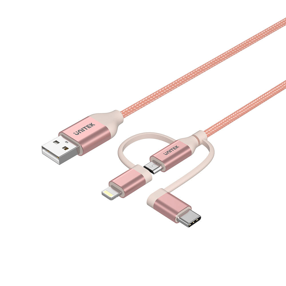 UNITEK Y-C4036ARG 1M 3-IN-1 USB2.0 TYPE-C M TO MICRO MULTI CHARGING CABLE WITH LIGHTNING ADAPTER (ROSE GOLD)