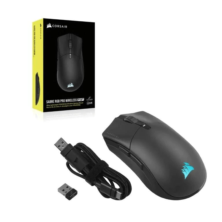 Corsair SABRE RGB PRO WIRELESS, Right-hand, Optical, RF Wireless + Bluetooth + USB Type-A, 26000 DPI, Black