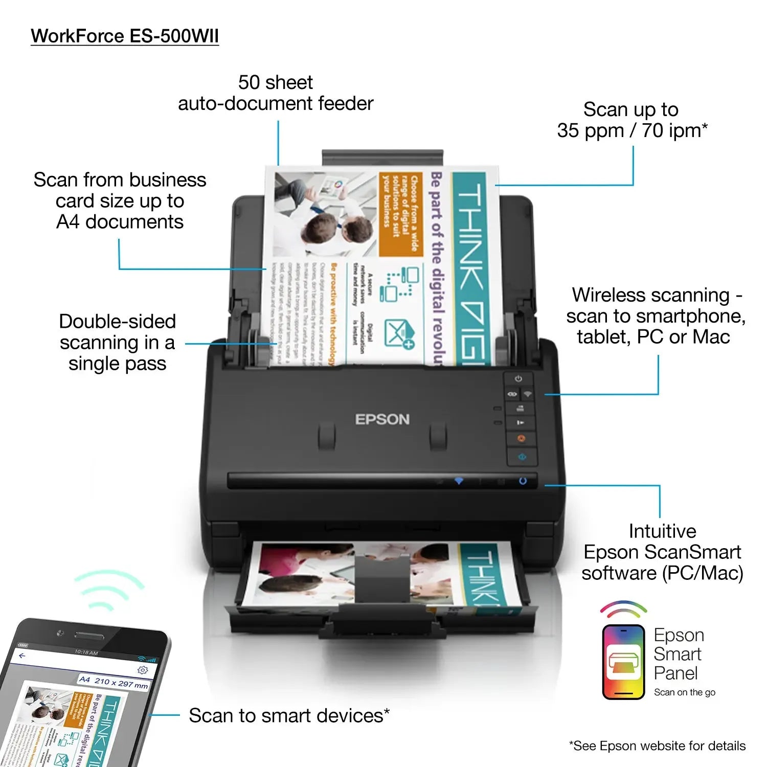 Epson WorkForce ES-500W II Wireless A4 Auto-duplex scanner - Wireless scanning Scan to smartphone; tablet; PC