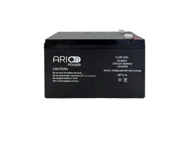 ARION Power Lithium Ion Rechargeable Battery (LiFePO4) 12.8V 6AH 76.8Wh, High Cycle Life:<2500 at 80%DOD, Max Discharge Current:10A, Max Charge Current:6A, Built-In-BMS Discharge Cut-Off Voltage 10.8V, F1 Terminal 4.8mm, 151x65x100mm, IP65, 900g