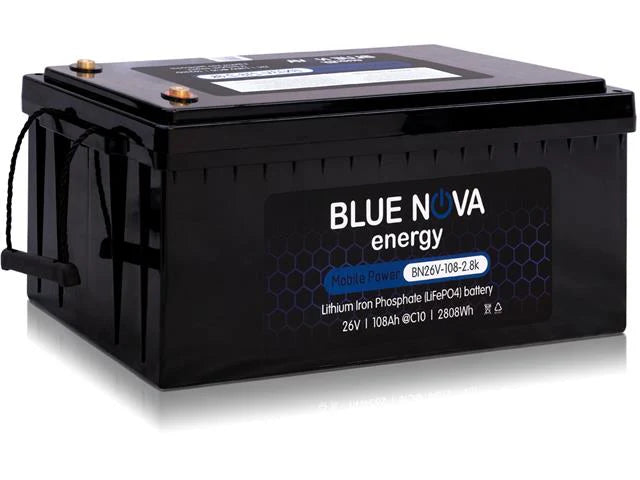 Bluenova Lithium Iron Phosphate (LiFePO4) Rechargeable Battery, OPV Range:23.2V~28.4VDC, Over-current Prot:100A, Over Voltage Cut-Out:31.2V, Under-VLTG CUT-OUT:20.0V, Charge Current:100A Continuous, BMS, Efficiency 96-99%@C1, (522x239x221mm), IP56,25.6Kg