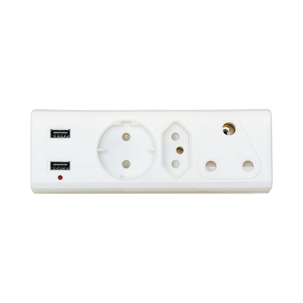 3-PORT MULTIPLUG WITH 2X USB CHARGING PORTS – 1X 10A SHUKO, 1X 16A SLIMLINE SA AND 1X 16A SA