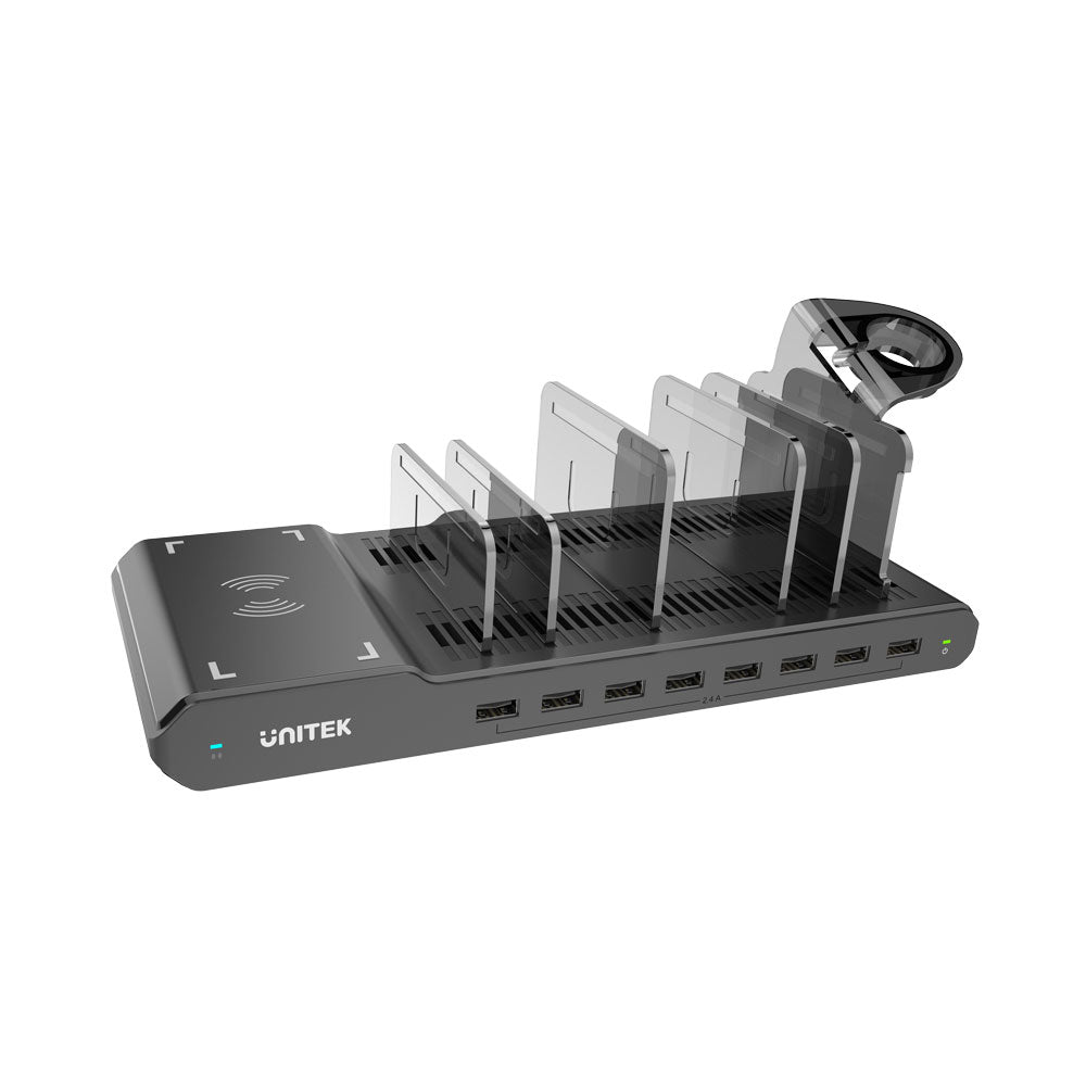 UNITEK 96W 8-PORT USB SMART CHARGING STATION WITH QI WIRELESS CHARGER (Y-2192A)