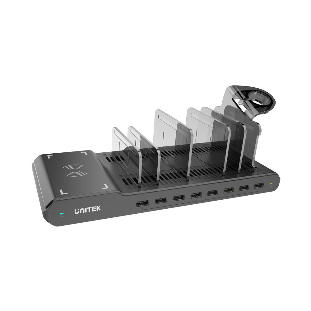 UNITEK 96W 8-PORT USB SMART CHARGING STATION WITH QI WIRELESS CHARGER (Y-2192A)