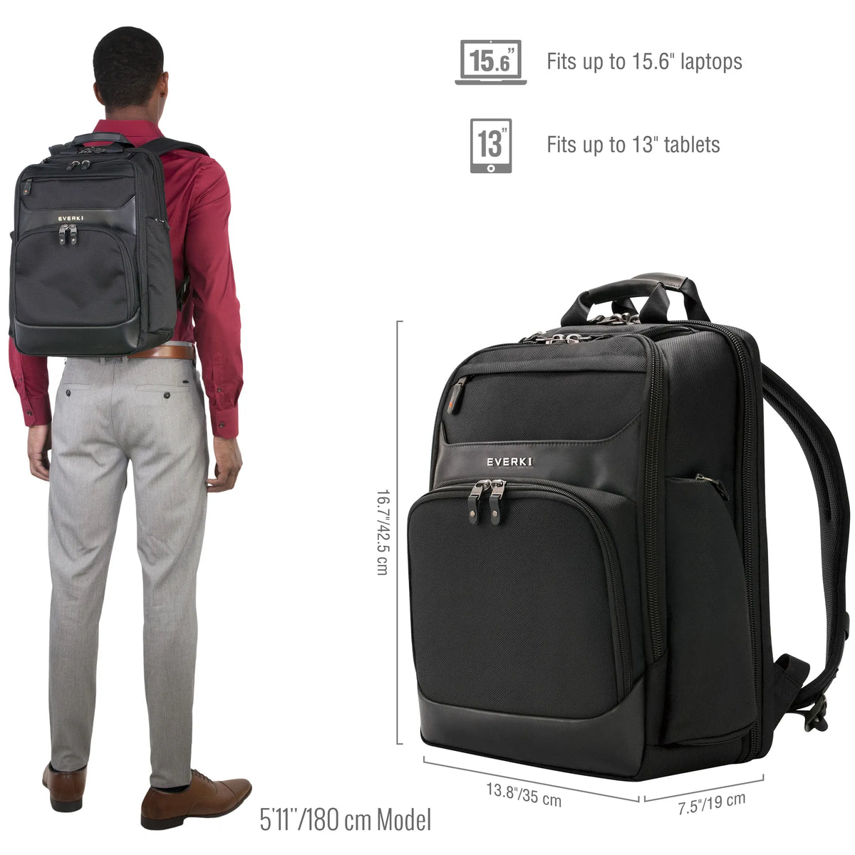 EVERKI ONYX BACKPACK | Fits up to 15.6 inch laptops | Black | Discreet RFID-safe pocket | Travel friendly | Opens 180 - image 23
