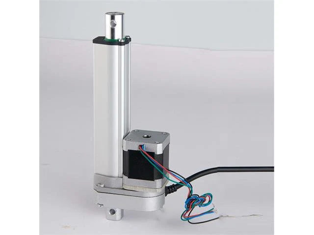 Stepper Motor Linear Actuator. Stroke 100mm. Speed 8mm/S. Load 700N. Installation Size (Retracted) 205mm. Voltage 12 – 24VDC. Protection Grade IP43. Recommended Stepper DRIVER-HKD STEPPER MOTOR DRIVER M542