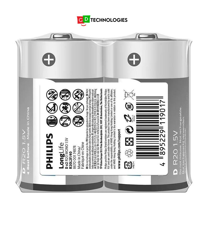 PHILIPS LONGLIFE BATTERY D 2 PACK