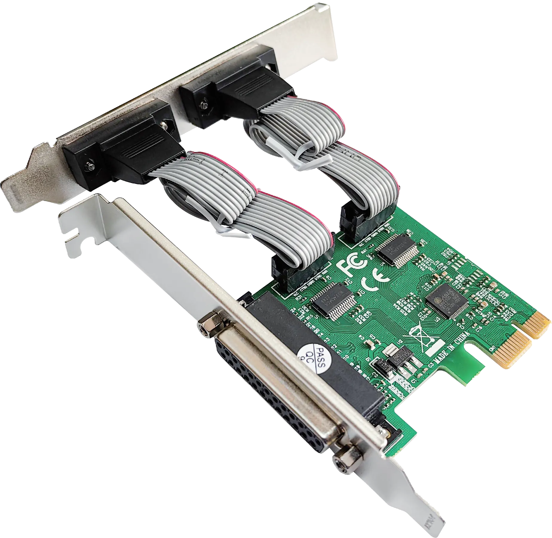 RCT PCI-e 2.3 multi-I/O card with 2× RS-232 (COM) + 1× IEEE 1284 parallel (LPT) ports.