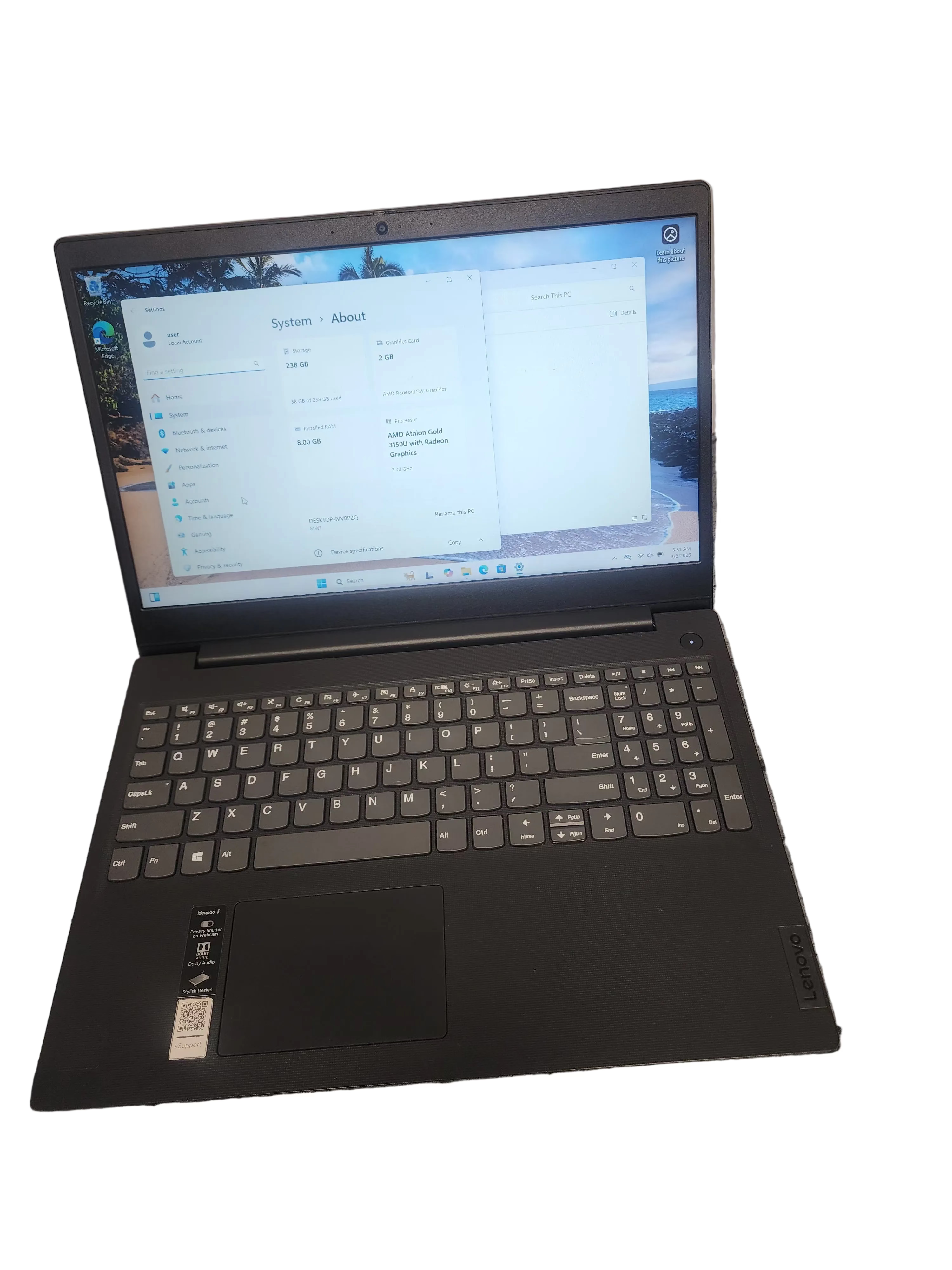 Lenovo Ideapad 3 amd Athlon Gold 256Gb 8Gb ram Refurbished